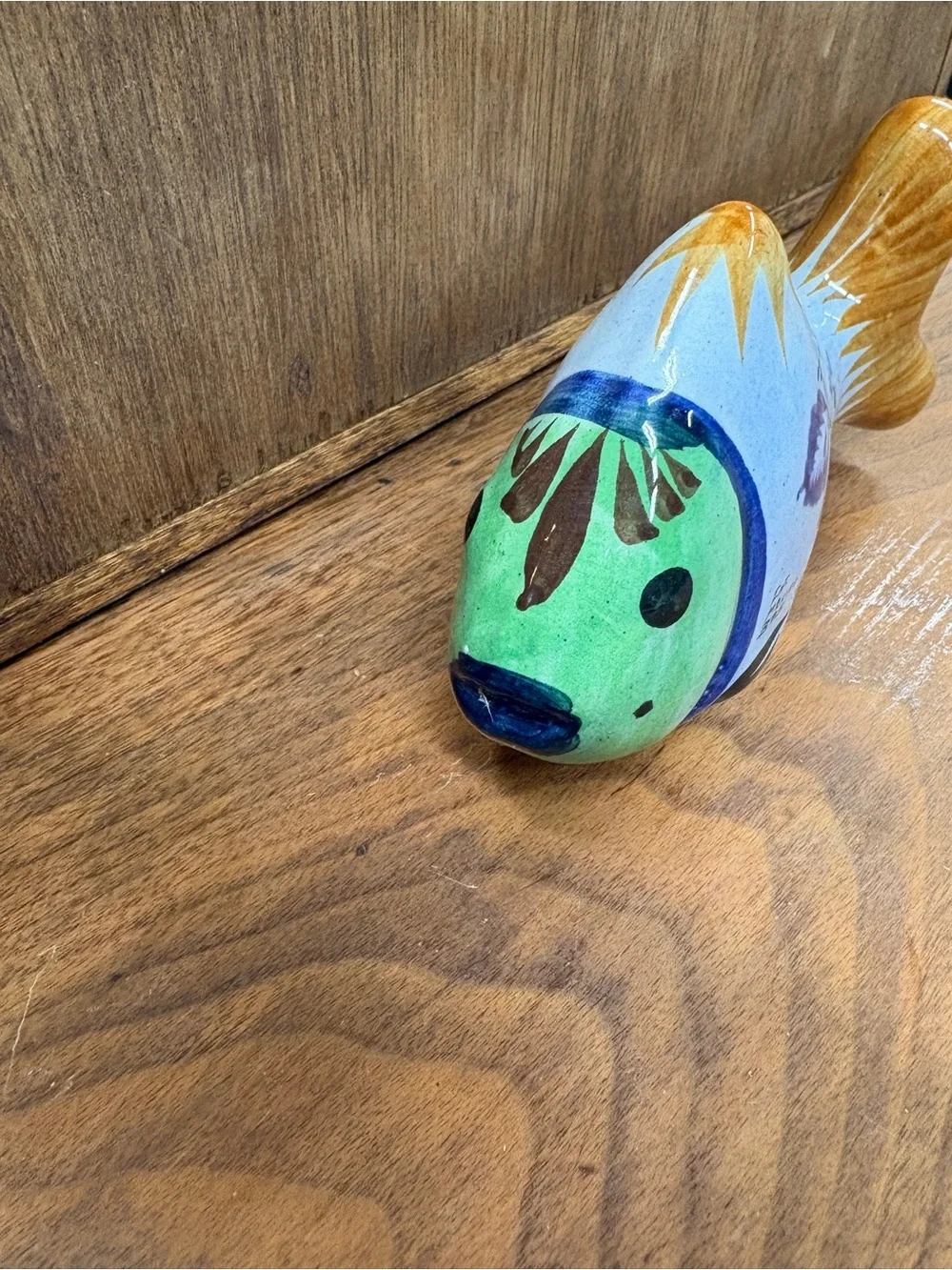 Hand-Painted Ceramic Fish Figurine - Blue, Green & Gold